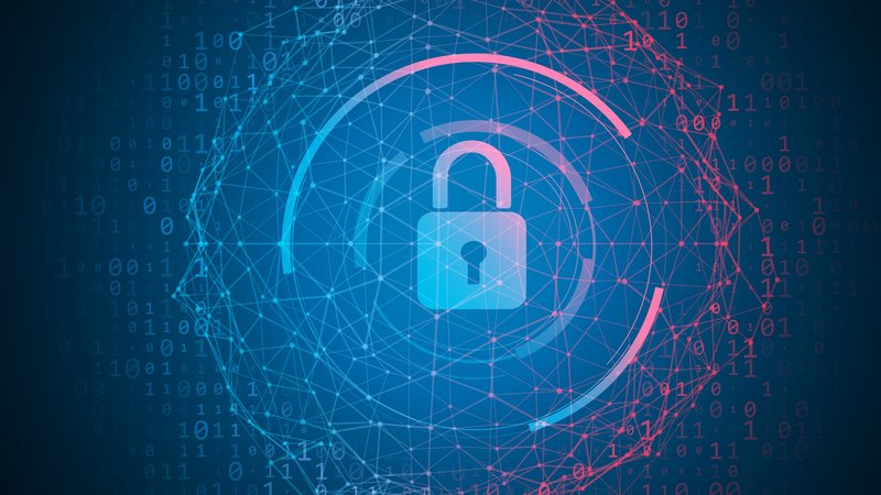 ConnectedCare IT-Sicherheit und Datenschutz | Schlosssymbol mit Netzgrafik vor Binärcode.