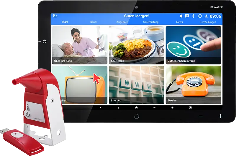 ConnectedCare Tablet mit eHealth Plattform ConnectedCare und Mundmaus zur barrierefreien Patientenkommunikation