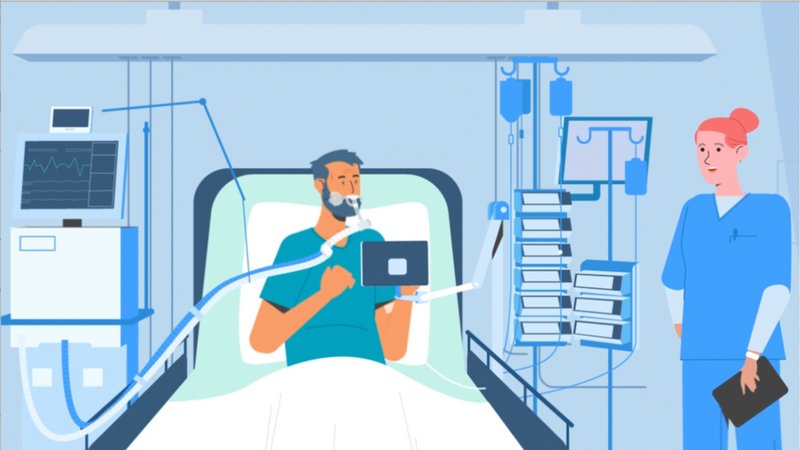 ConnectedCare Third Party Partner | Vidatak Illustration, Patient liegt im Krankenhausbett mit Schläuchen im Mund und Laptop in der Hand, neben ihm steht eine Krankenschwester.