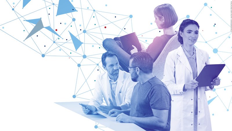 ConnectedCare Third Party Partner | Thieme Compliance, Collage: Ärzte kommunizieren mit Patient:innen mit Tablet in Hand mit Netzwerkhintergrund
