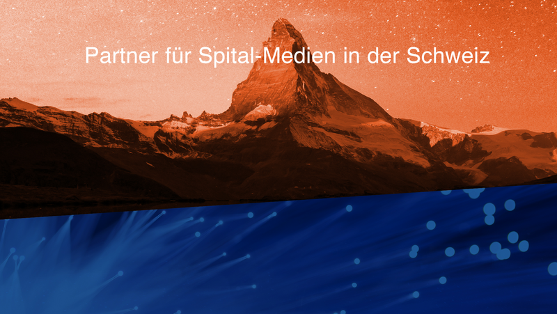 ConnectedCare Sales Partner: H-Technik AG, blaue Lichtpunkt und Berg in rotem Licht mit Spruch "Partner für Spital-Medien in der Schweiz"