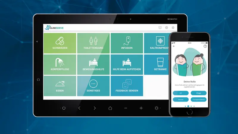 Screenshot von CLINISERVE Digitaler Serviceruf auf ConnectedCare Tablet und Smartphone